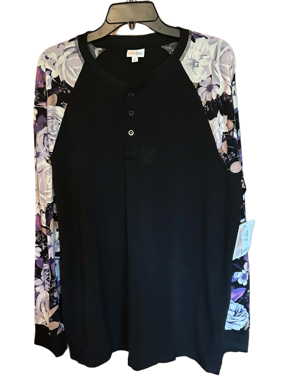 LuLaRoe Floral Sleeve Black Henley Top - Women's Mark - XL